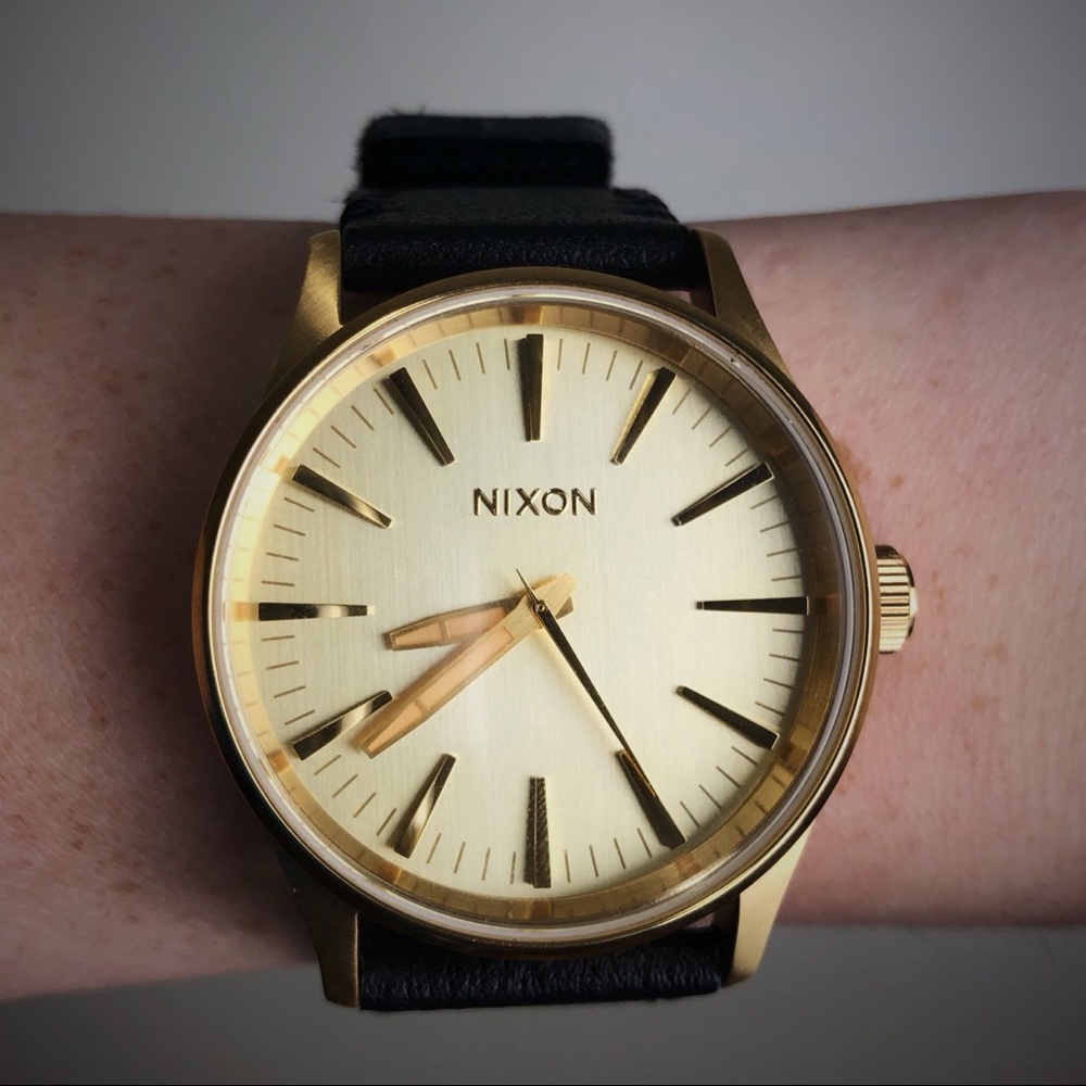 Nixon Gold Watch with Black Leather Band